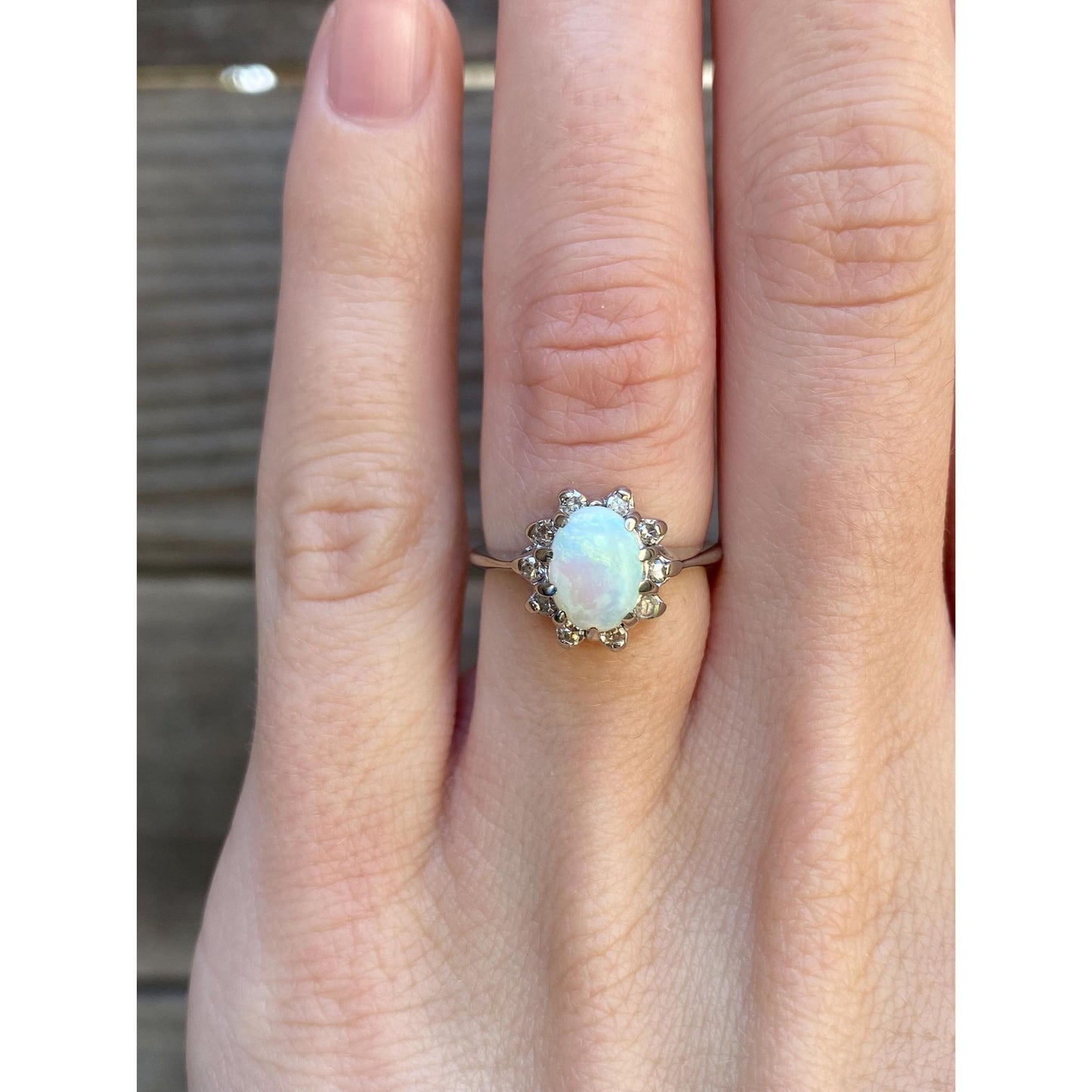 Vintage Solid 14k White Gold Diamond Halo Opal Ring - Size 4