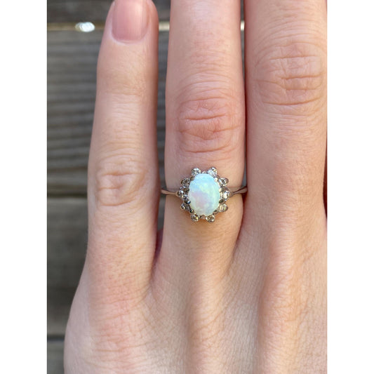 Vintage Solid 14k White Gold Diamond Halo Opal Ring - Size 4