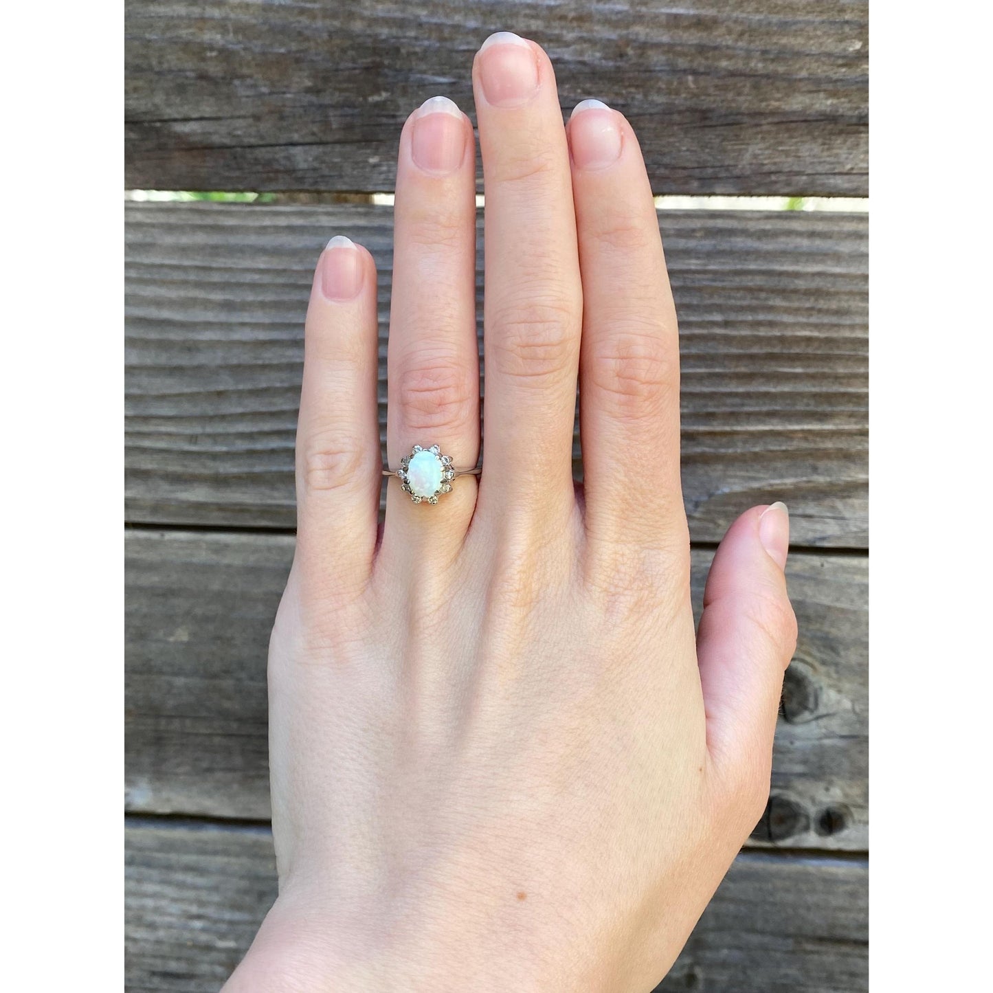 Vintage Solid 14k White Gold Diamond Halo Opal Ring - Size 4