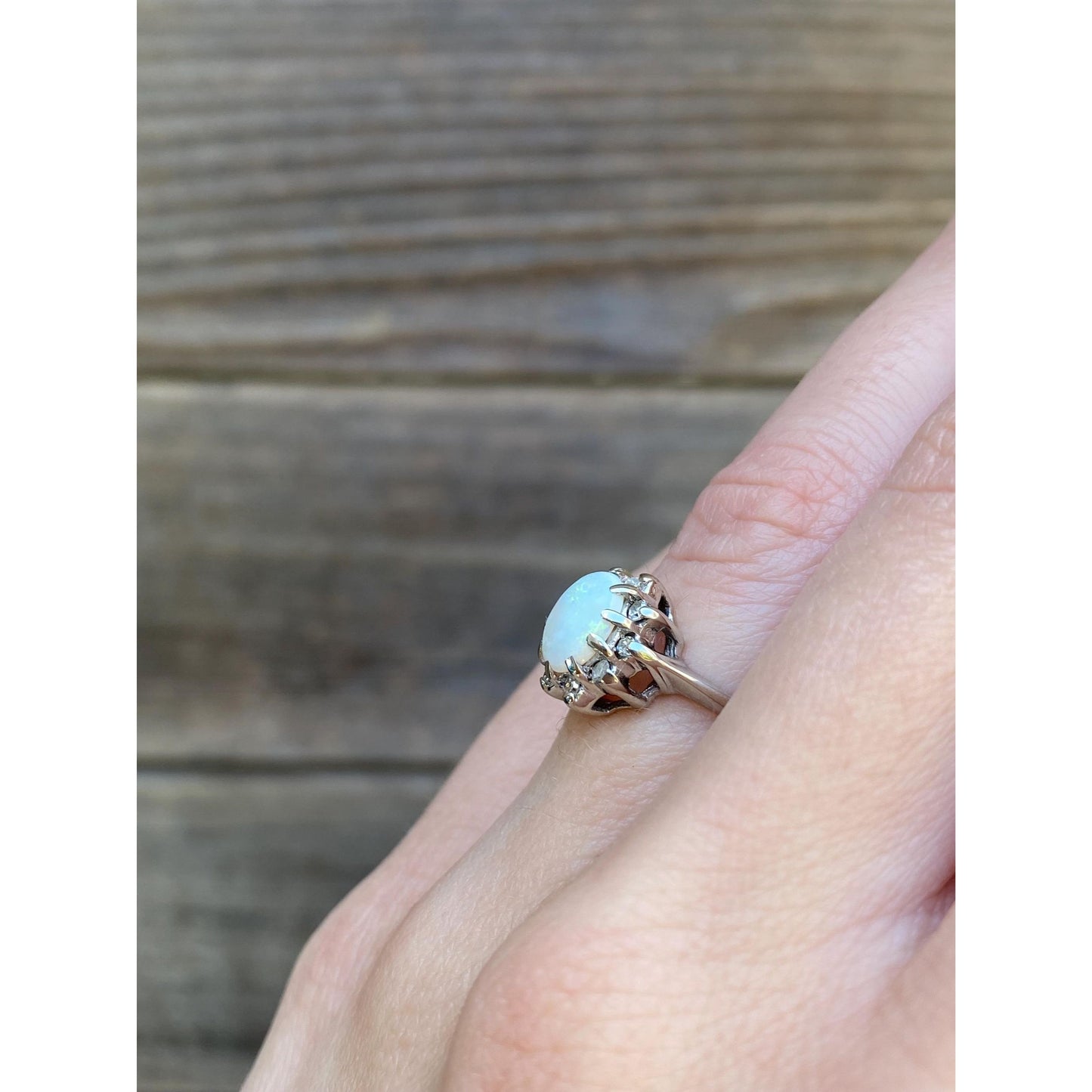 Vintage Solid 14k White Gold Diamond Halo Opal Ring - Size 4