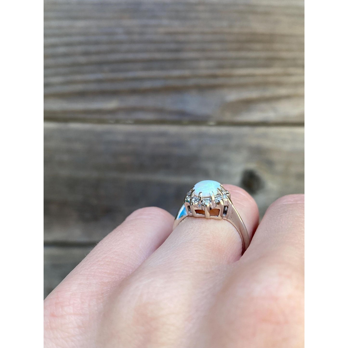 Vintage Solid 14k White Gold Diamond Halo Opal Ring - Size 4