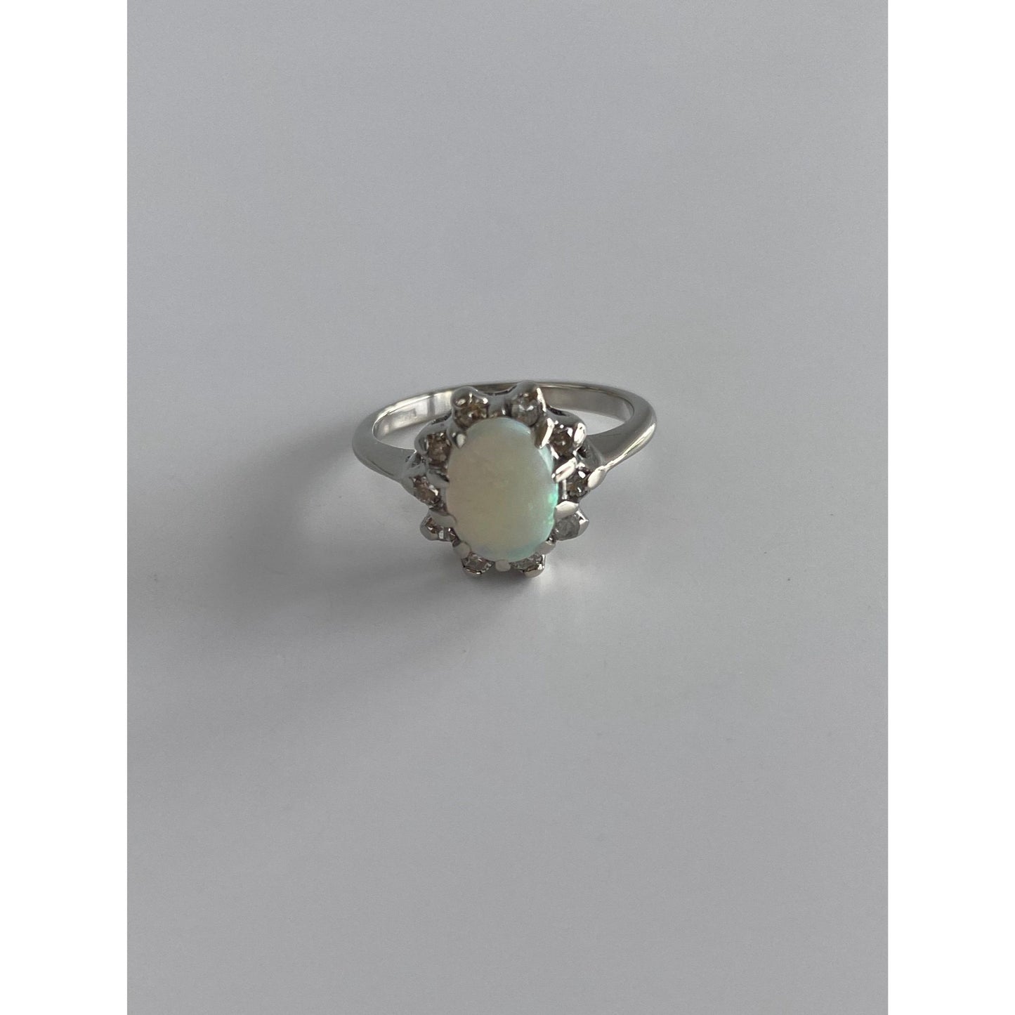 Vintage Solid 14k White Gold Diamond Halo Opal Ring - Size 4