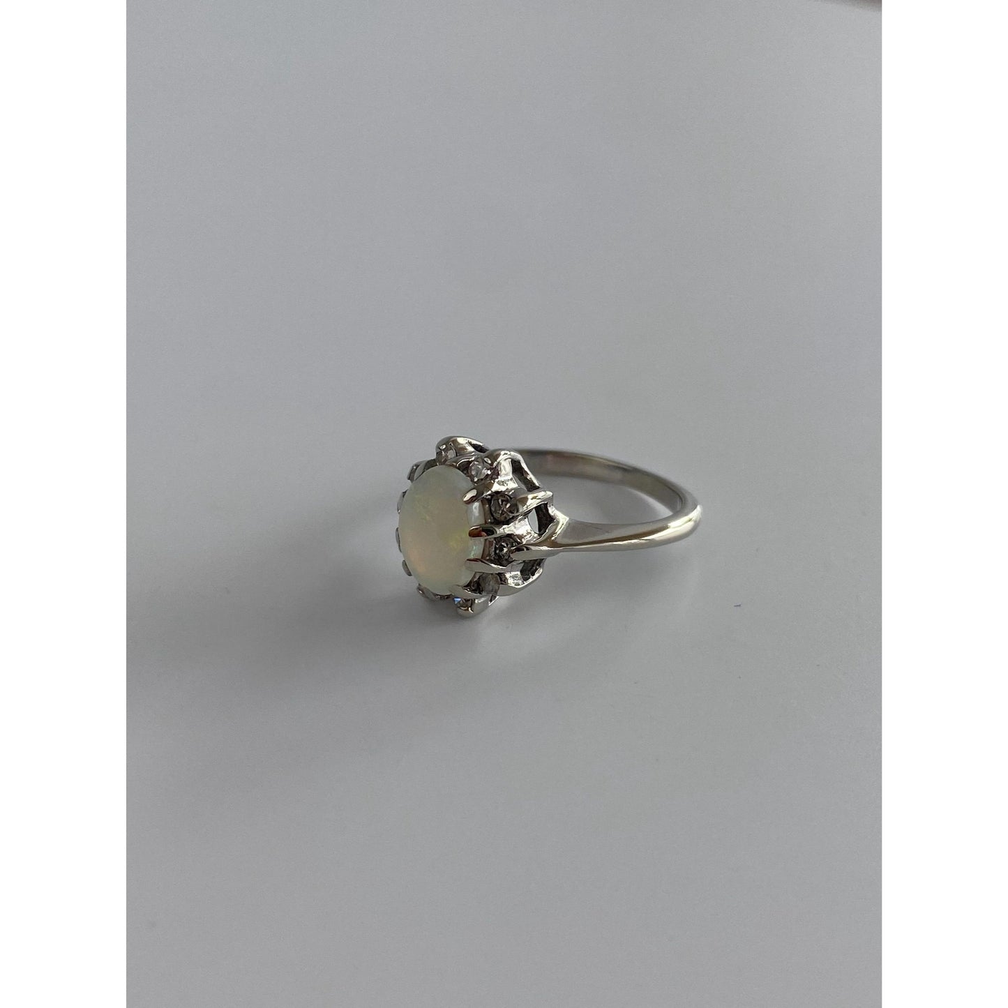 Vintage Solid 14k White Gold Diamond Halo Opal Ring - Size 4