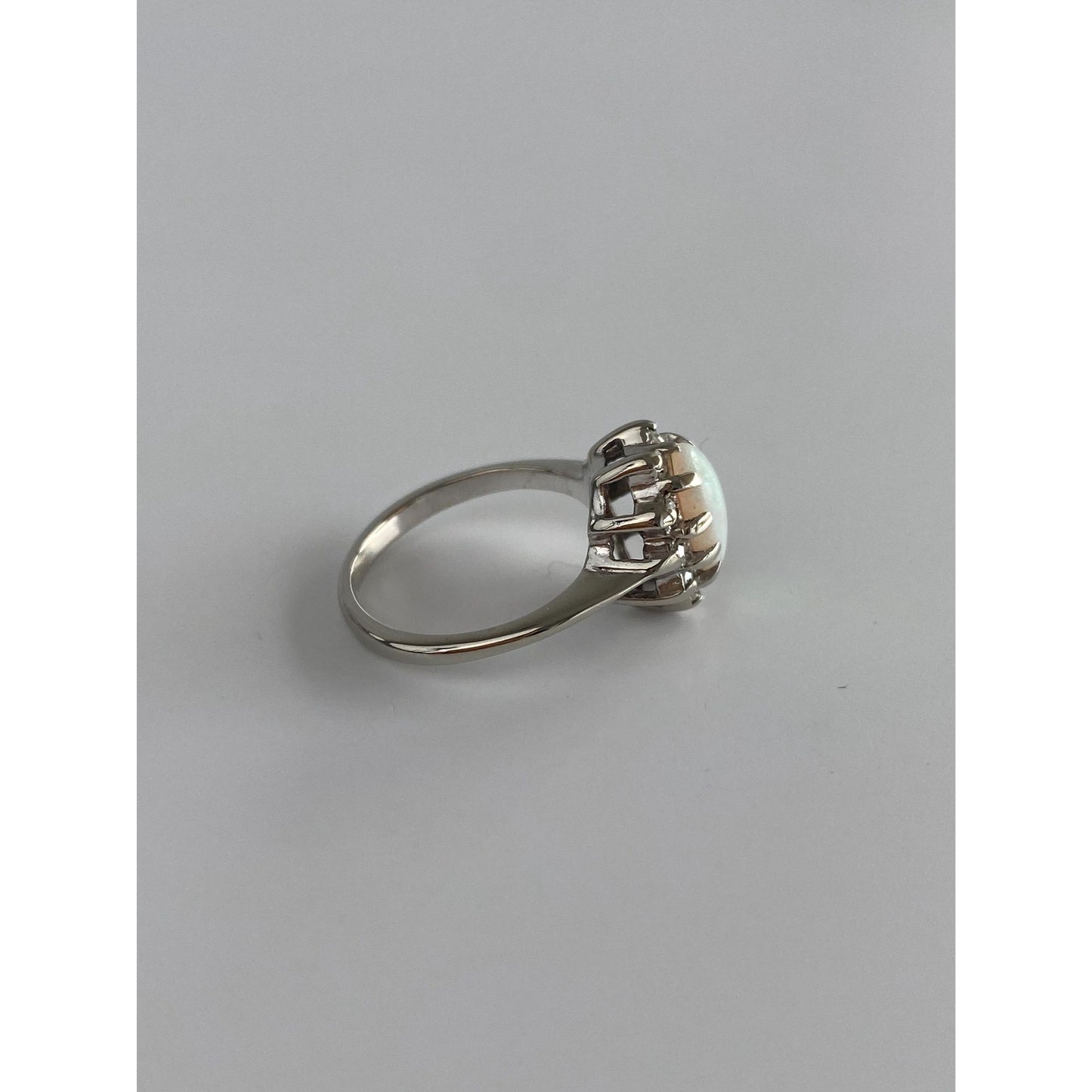 Vintage Solid 14k White Gold Diamond Halo Opal Ring - Size 4