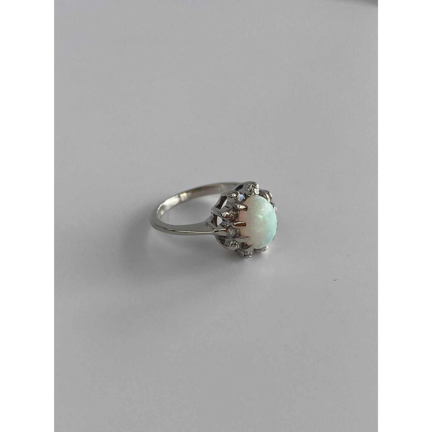 Vintage Solid 14k White Gold Diamond Halo Opal Ring - Size 4