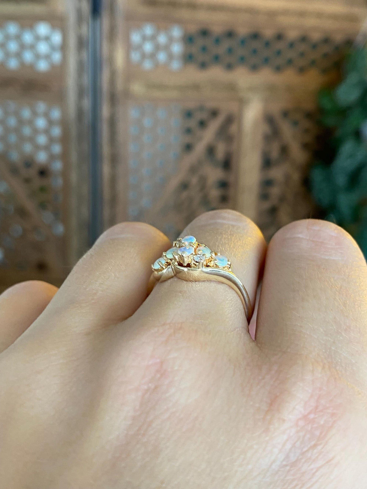 Vintage Solid 14k Yellow Gold Diamonds Opals Ring - Size 6.25