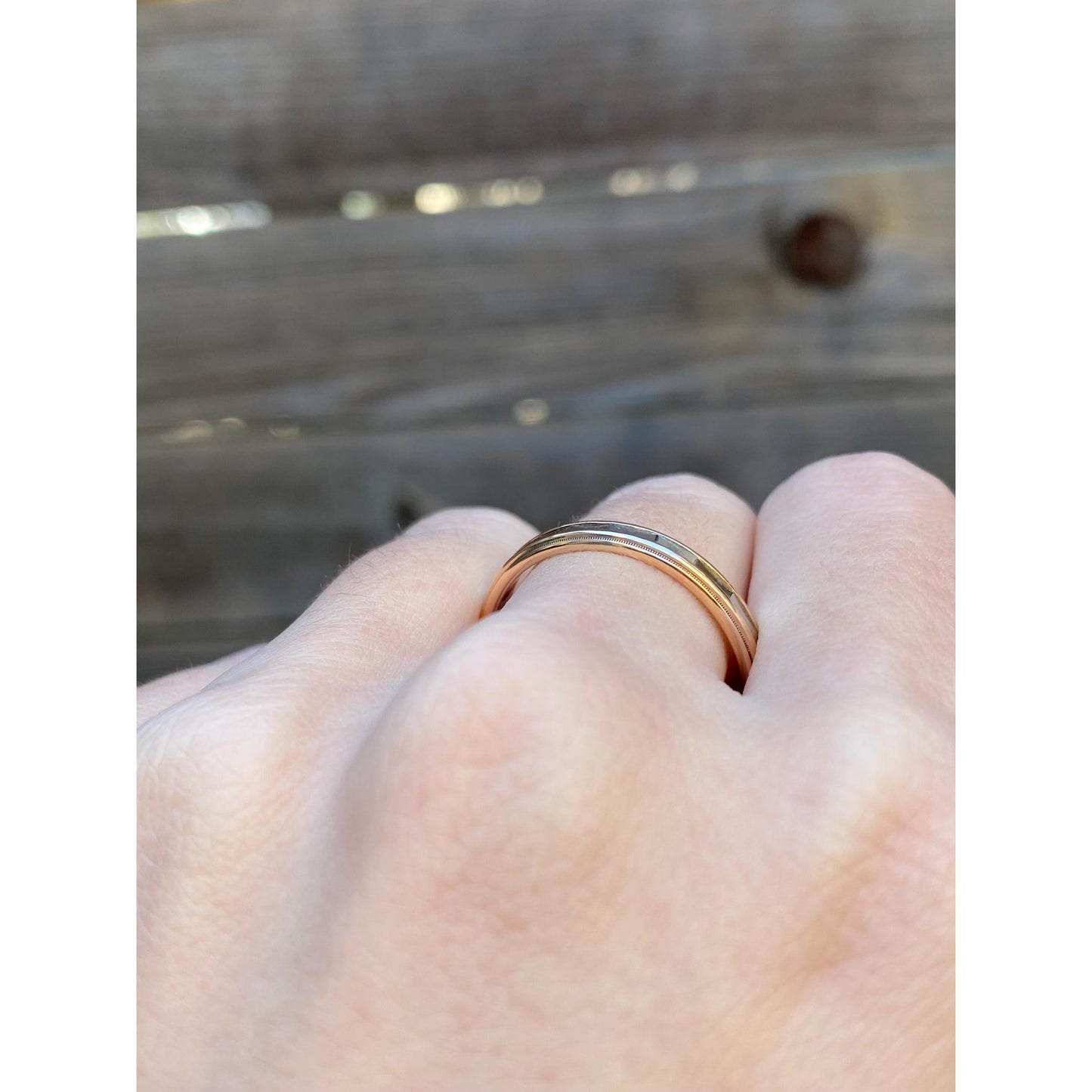 Vintage Solid 14k White & Yellow Gold Faceted Milgrain Ring Band - Size 10.5