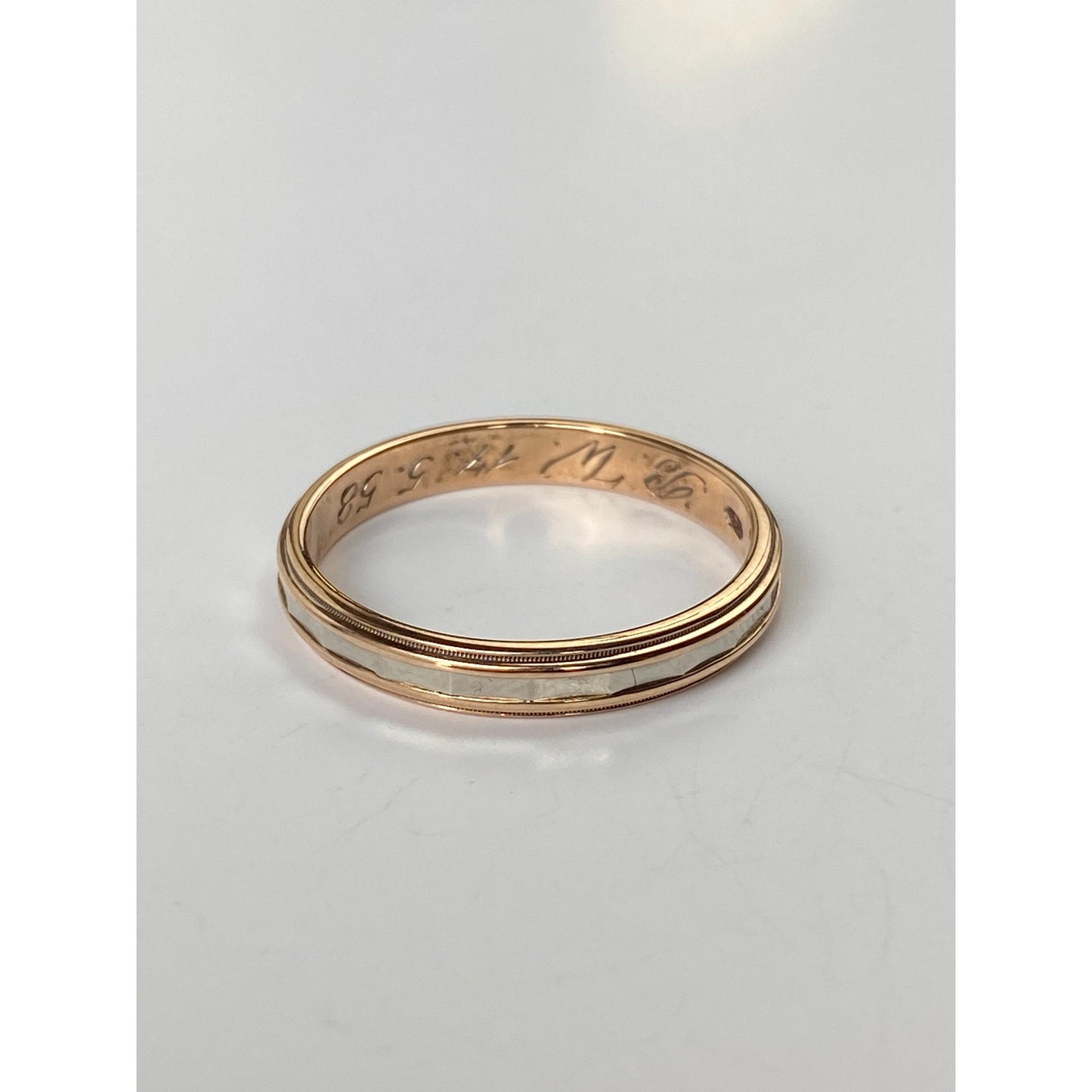 Vintage Solid 14k White & Yellow Gold Faceted Milgrain Ring Band - Size 10.5