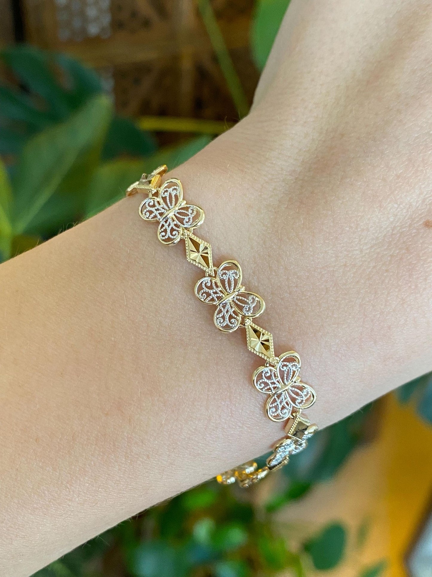Solid 10k White & Yellow Gold Filigree Butterfly Link Bracelet - 7 inches