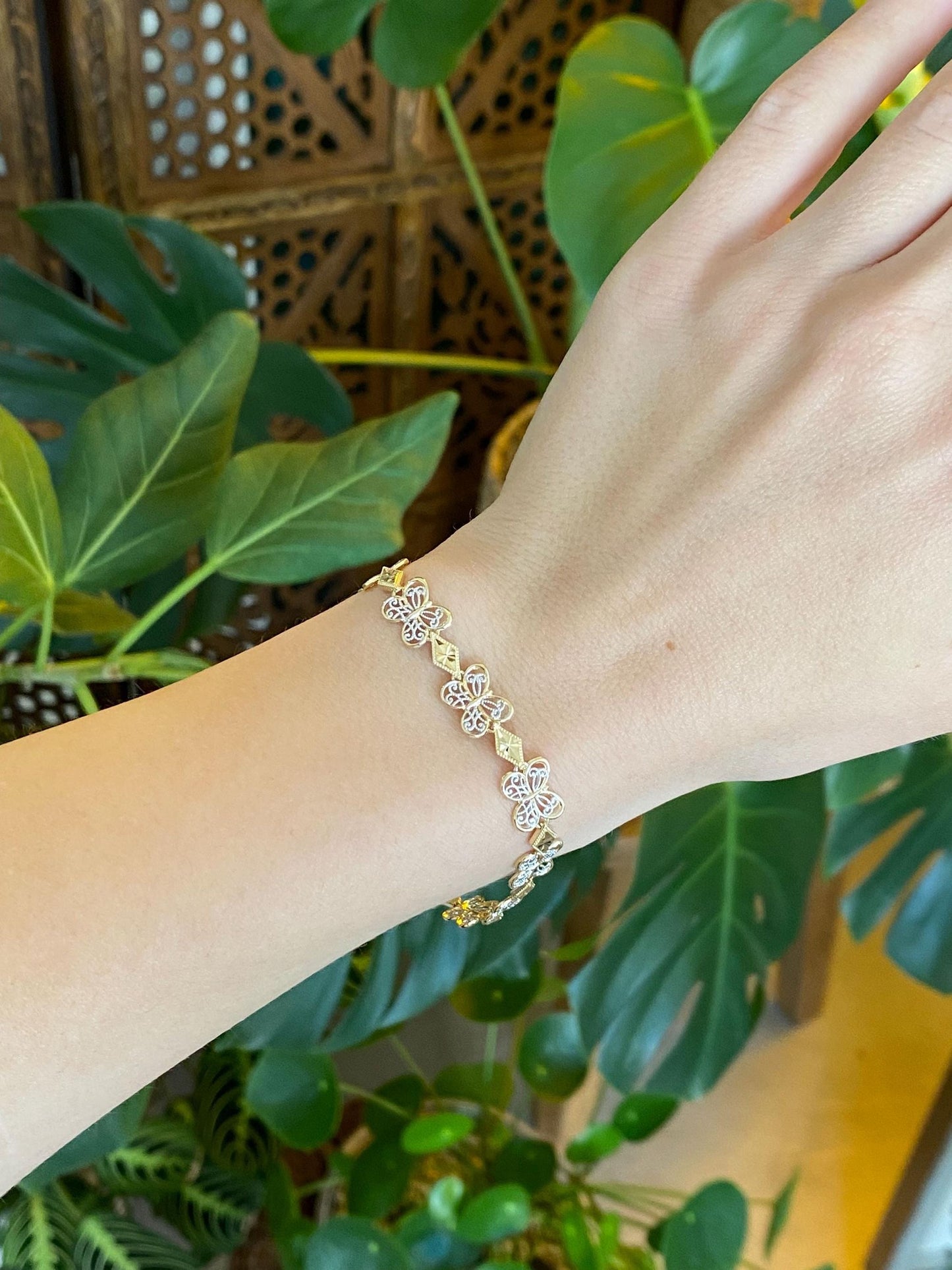 Solid 10k White & Yellow Gold Filigree Butterfly Link Bracelet - 7 inches