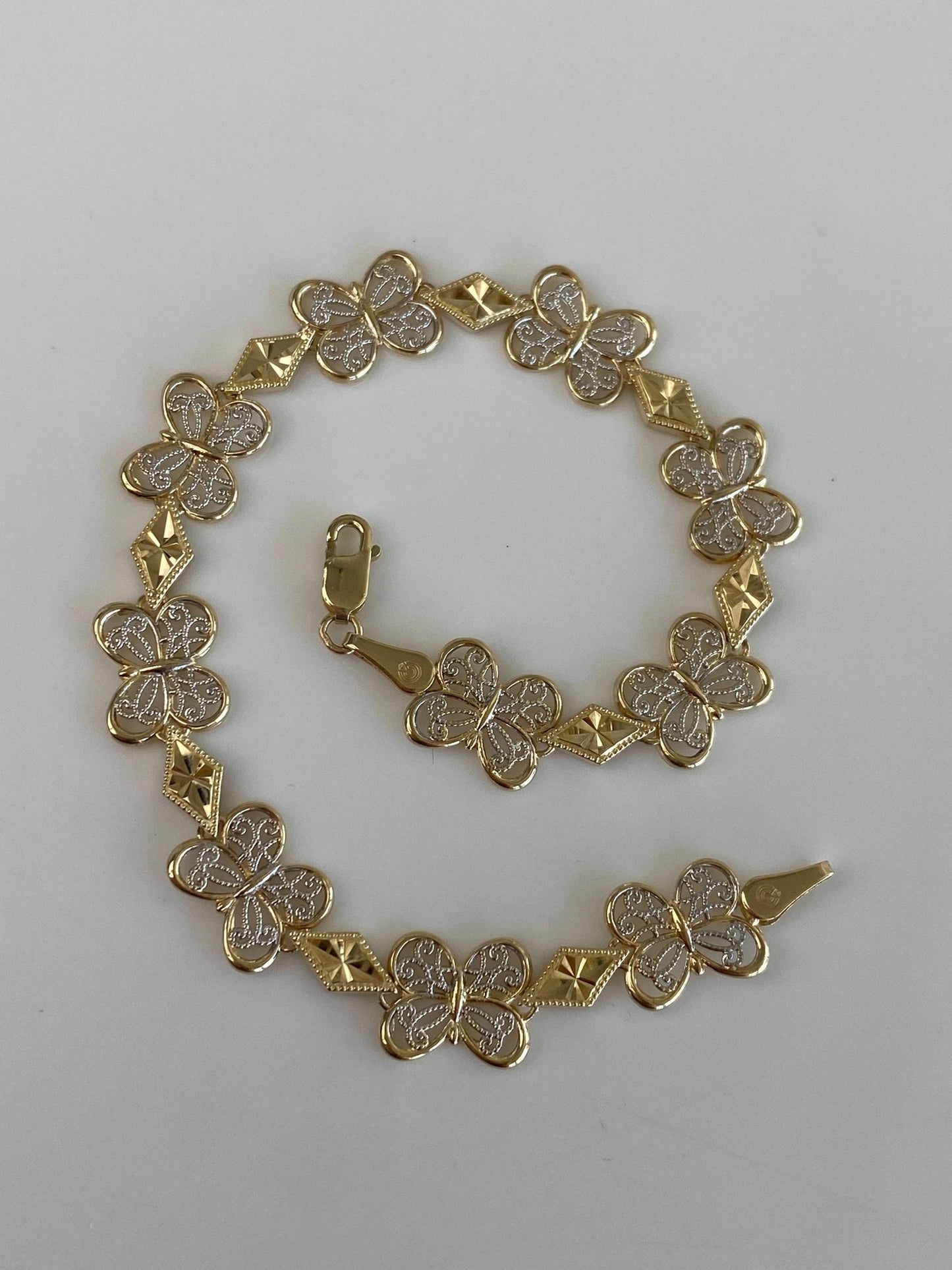 Solid 10k White & Yellow Gold Filigree Butterfly Link Bracelet - 7 inches