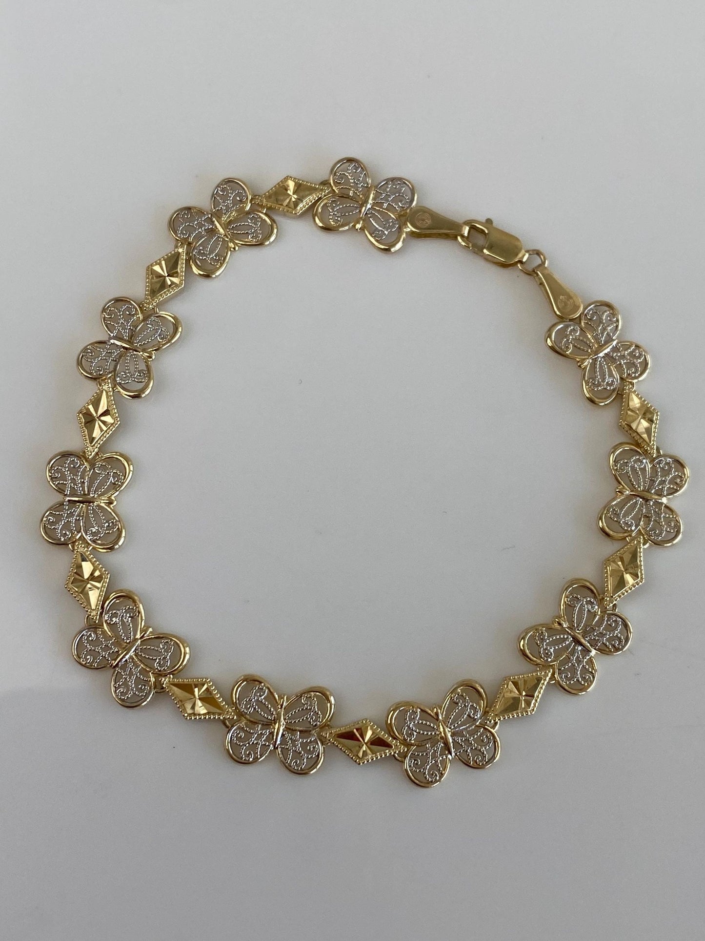 Solid 10k White & Yellow Gold Filigree Butterfly Link Bracelet - 7 inches