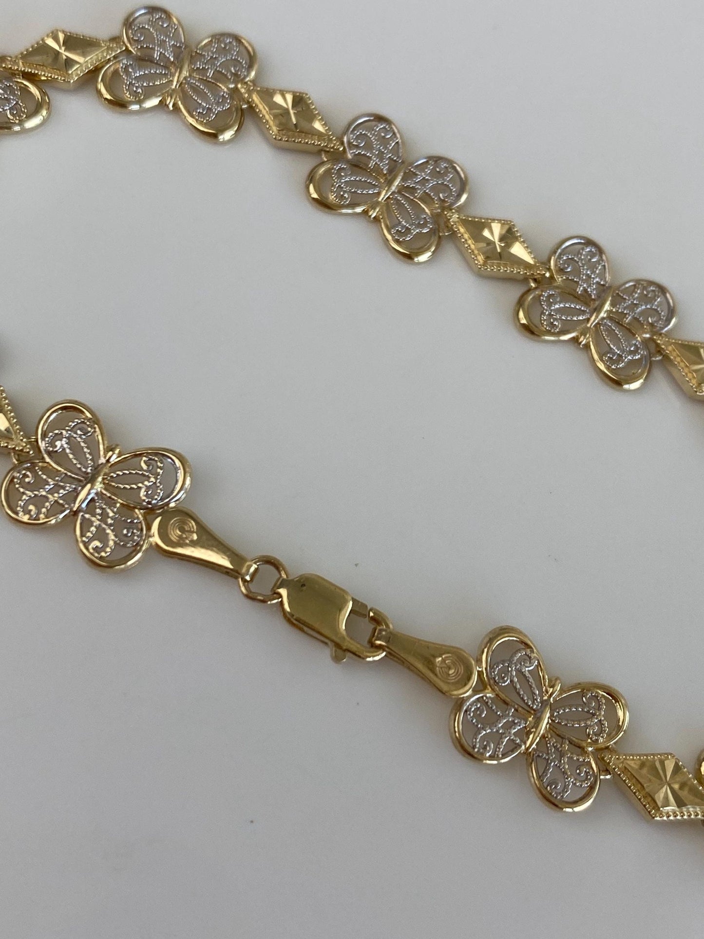 Solid 10k White & Yellow Gold Filigree Butterfly Link Bracelet - 7 inches