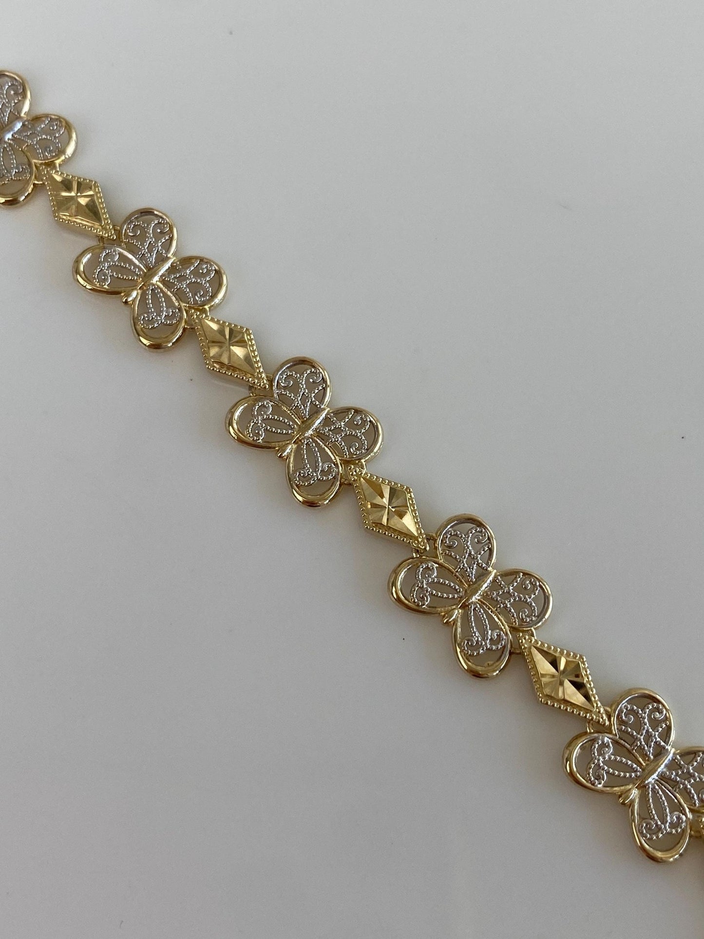 Solid 10k White & Yellow Gold Filigree Butterfly Link Bracelet - 7 inches