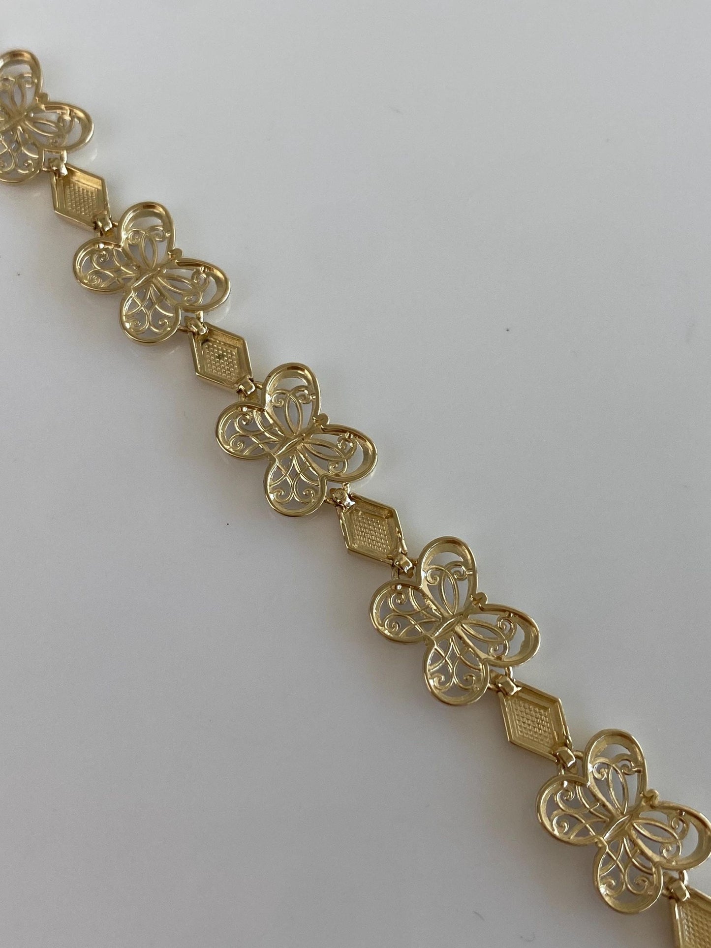 Solid 10k White & Yellow Gold Filigree Butterfly Link Bracelet - 7 inches