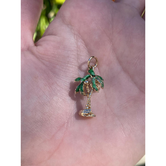 Vintage Solid 14k Yellow Gold Green Enamel Palm Tree Charm