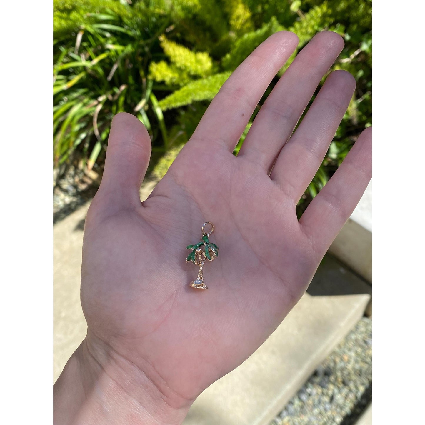 Vintage Solid 14k Yellow Gold Green Enamel Palm Tree Charm