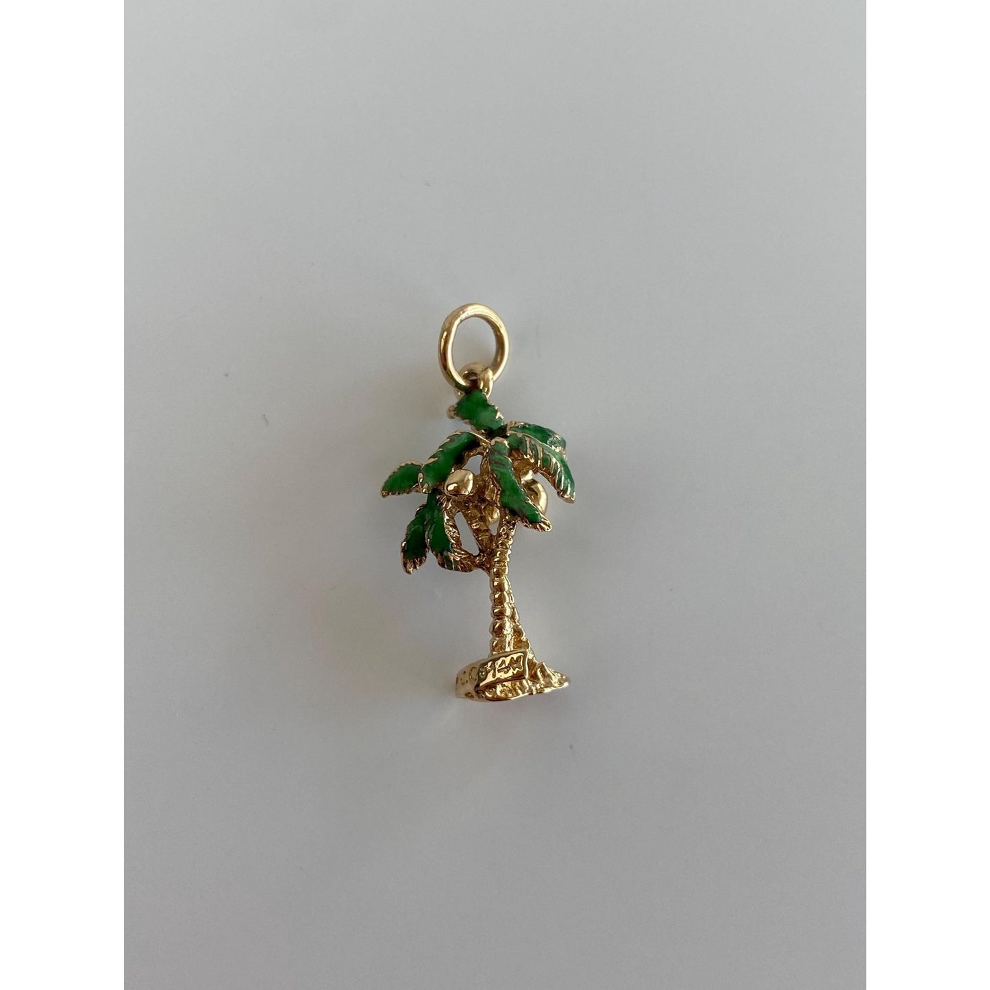 Vintage Solid 14k Yellow Gold Green Enamel Palm Tree Charm