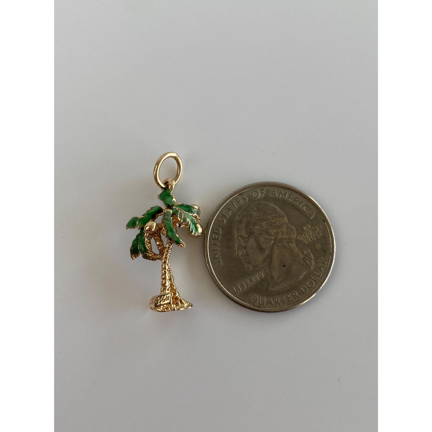 Vintage Solid 14k Yellow Gold Green Enamel Palm Tree Charm