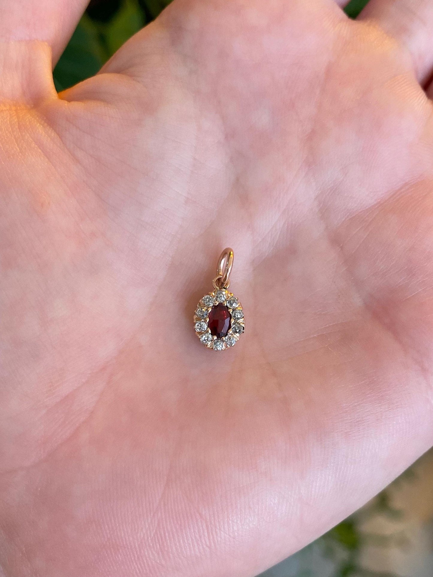 Vintage Solid 14k Yellow Gold Garnet Diamond Halo Charm