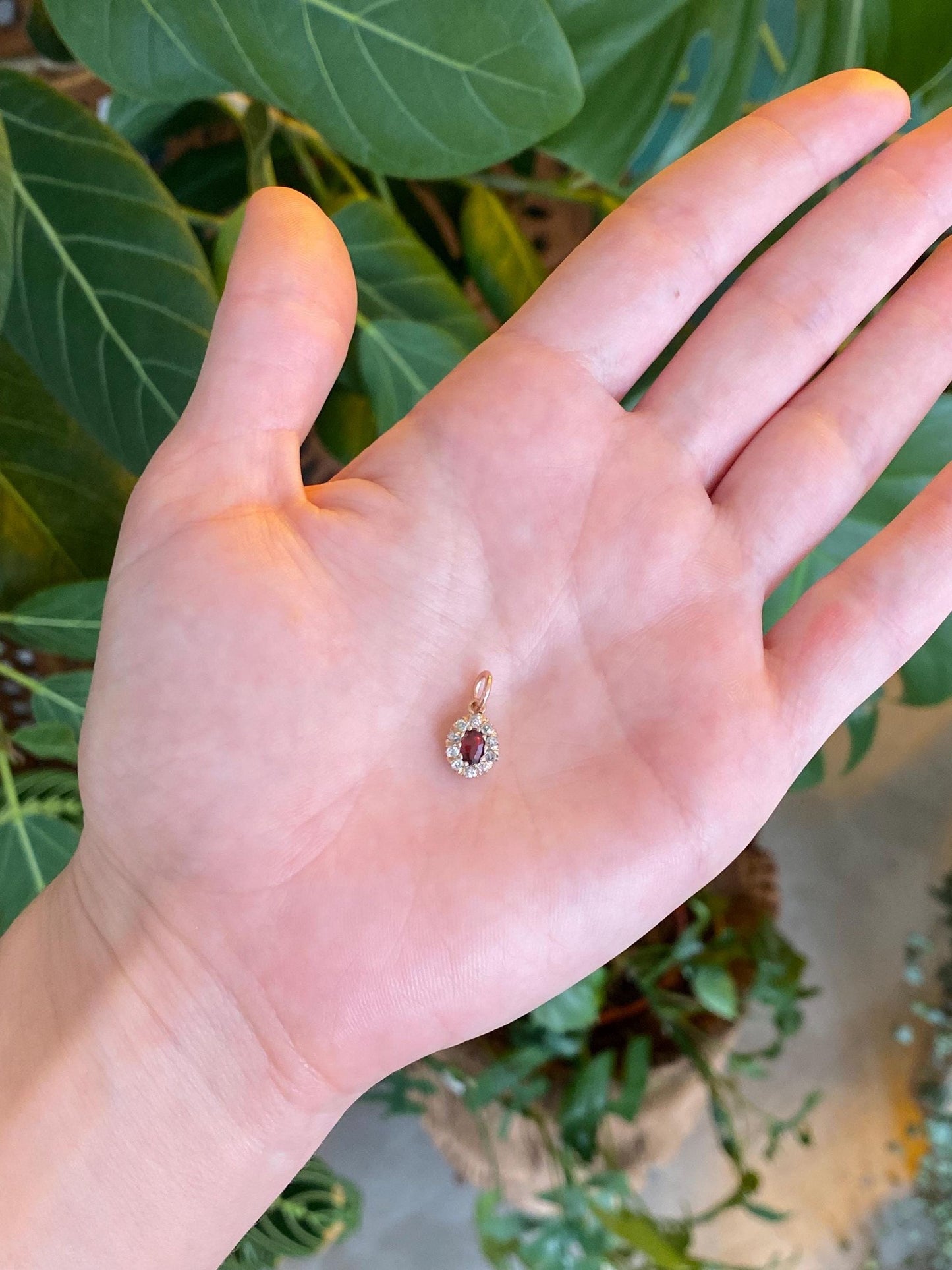Vintage Solid 14k Yellow Gold Garnet Diamond Halo Charm