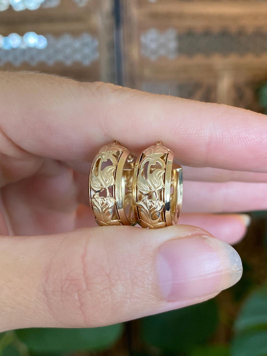 Vintage 14k Yellow Gold Floral Open Work Hoop Earrings