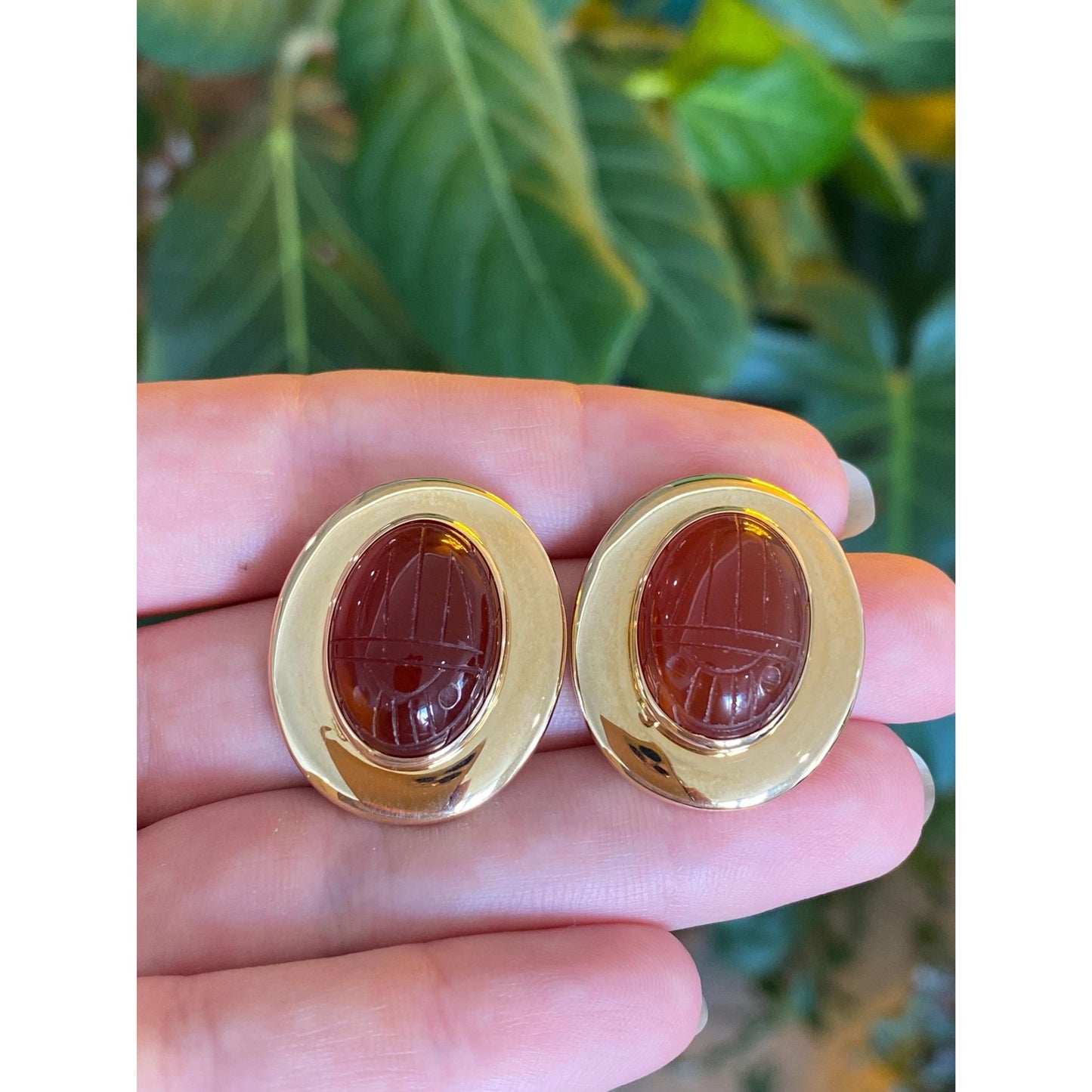 Vintage 14k Yellow Gold Carved Carnelian Scarab Stud Earrings