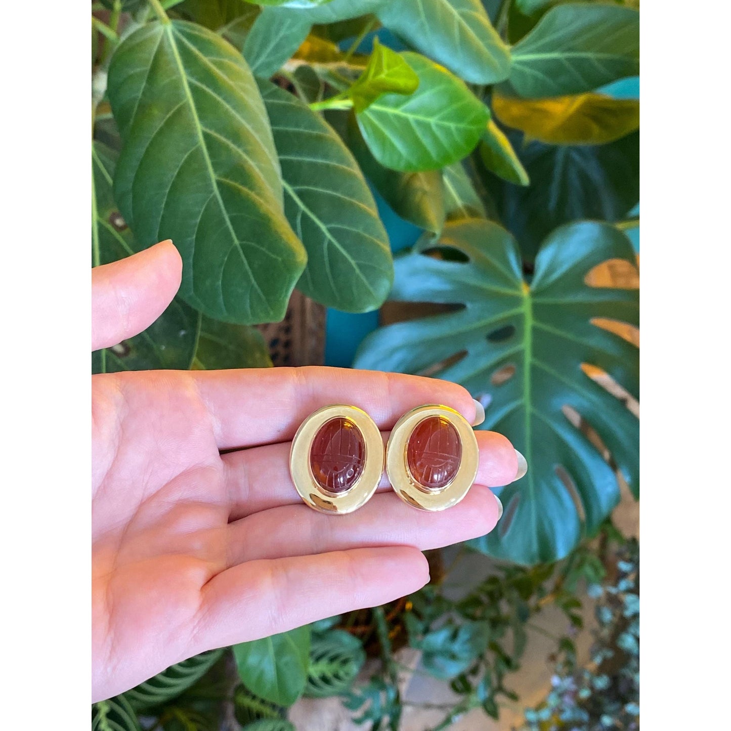 Vintage 14k Yellow Gold Carved Carnelian Scarab Stud Earrings