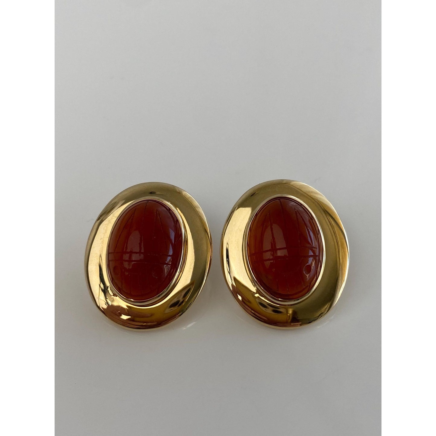 Vintage 14k Yellow Gold Carved Carnelian Scarab Stud Earrings