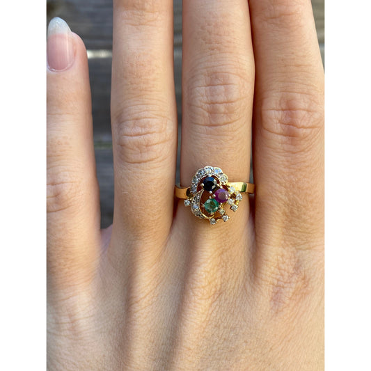 Solid 14k Yellow Gold Spinel Diamond Emerald Ring - Size 6.5