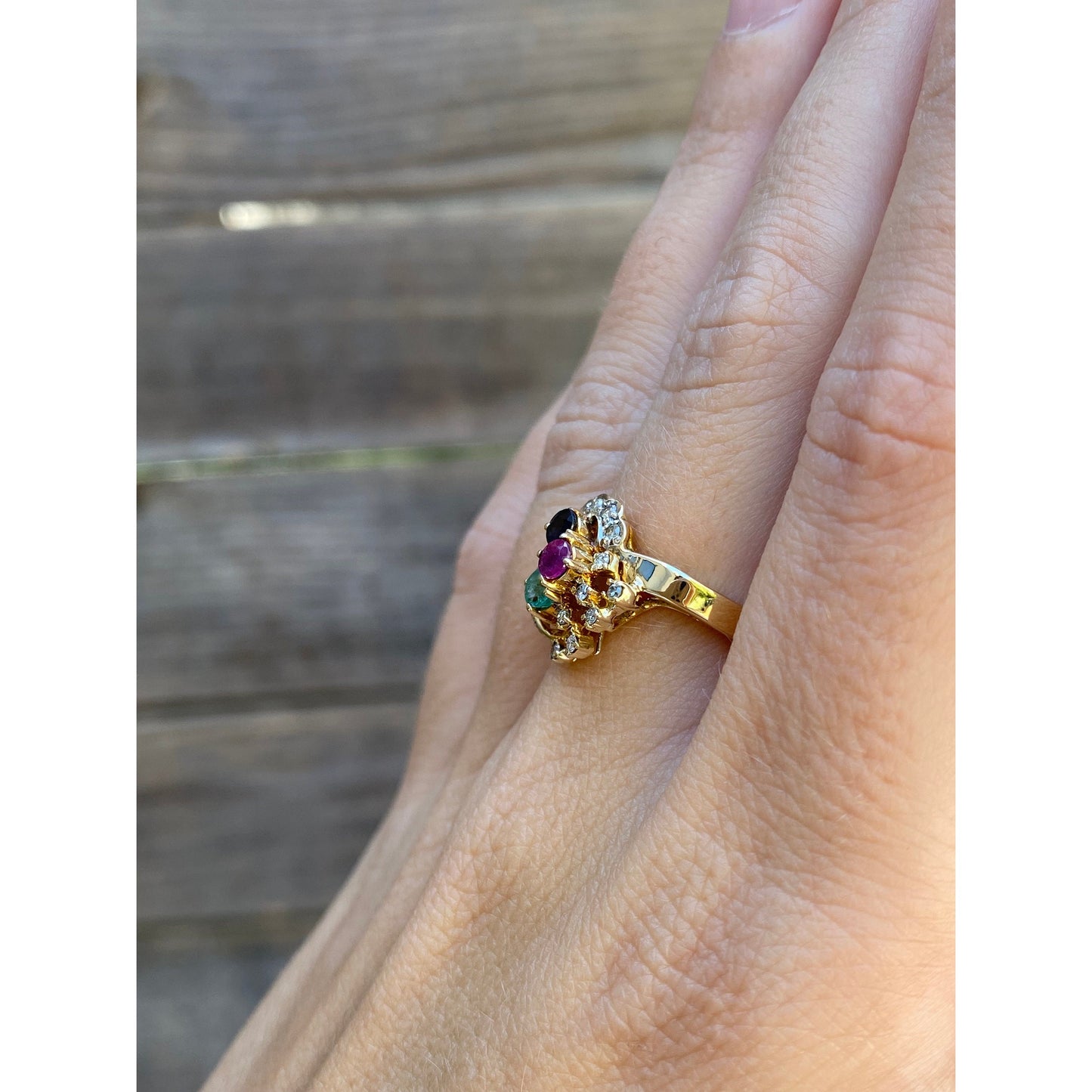 Solid 14k Yellow Gold Spinel Diamond Emerald Ring - Size 6.5