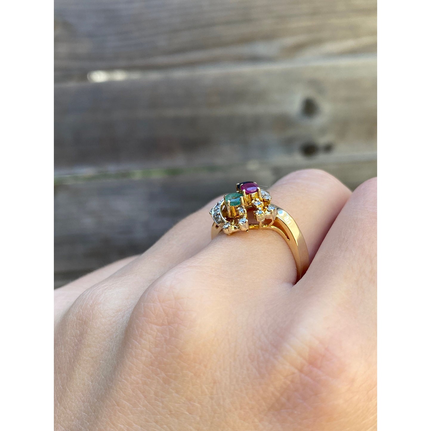 Solid 14k Yellow Gold Spinel Diamond Emerald Ring - Size 6.5