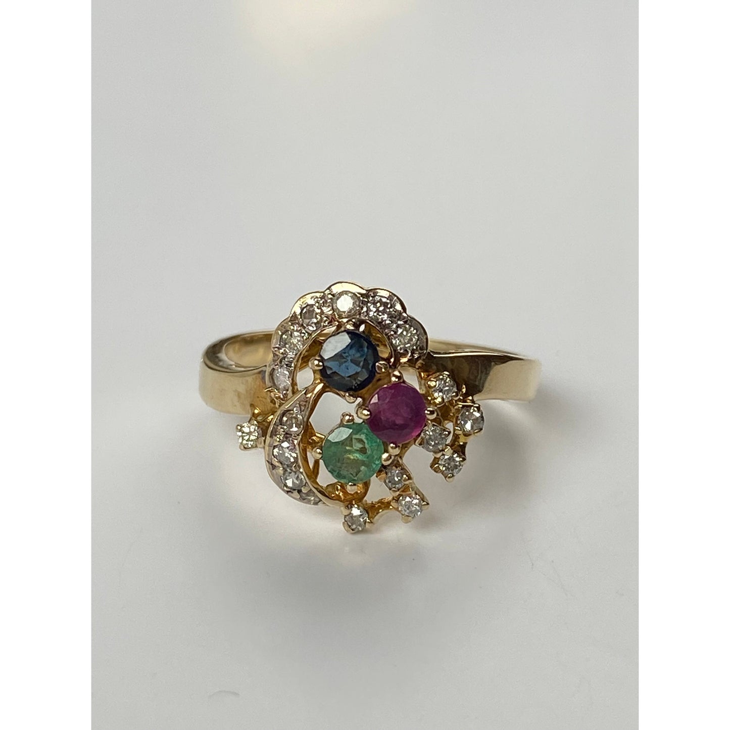 Solid 14k Yellow Gold Spinel Diamond Emerald Ring - Size 6.5