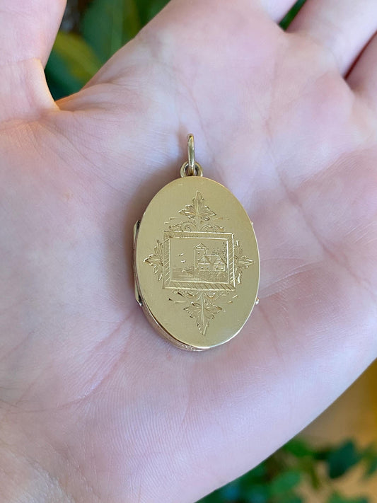 Vintage Solid 14k Yellow Gold Engraved Floral Locket Charm
