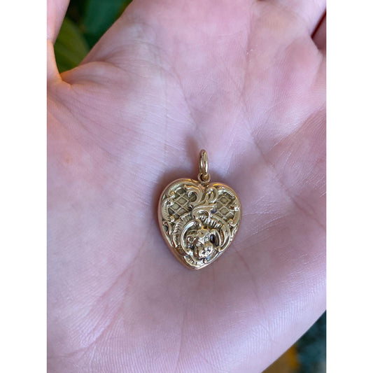 Vintage 10k Yellow Gold Pattern Cherub Heart Charm