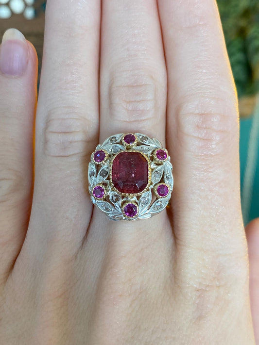 Vintage Solid 14k White & Yellow Gold Old Mine Diamonds Pink Tourmaline Ring - Size 6.75