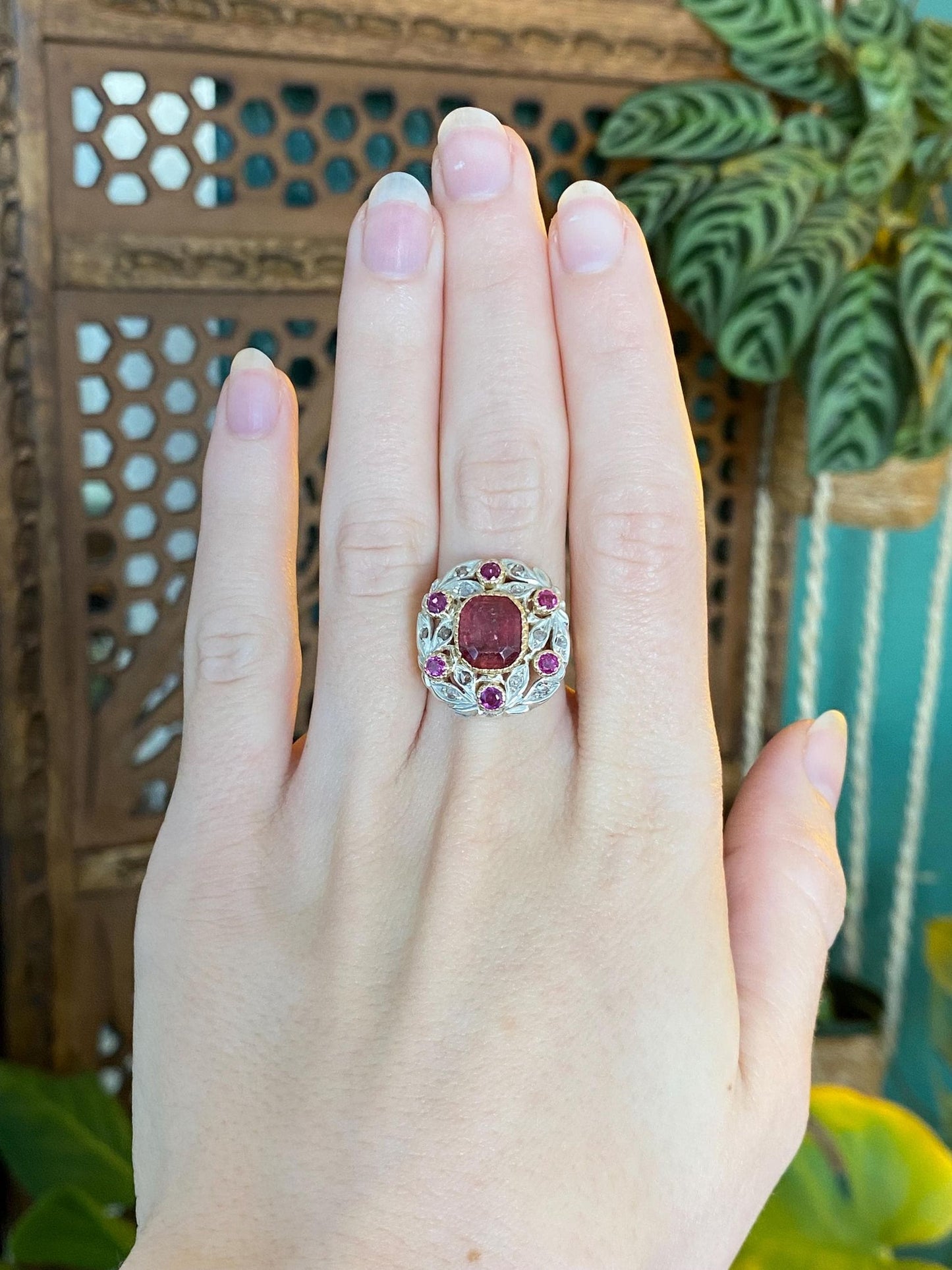 Vintage Solid 14k White & Yellow Gold Old Mine Diamonds Pink Tourmaline Ring - Size 6.75
