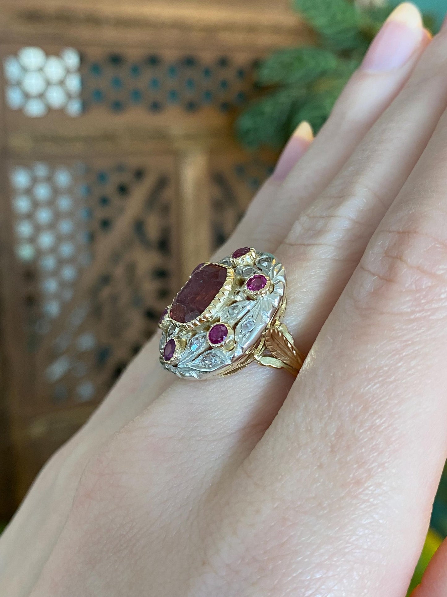 Vintage Solid 14k White & Yellow Gold Old Mine Diamonds Pink Tourmaline Ring - Size 6.75