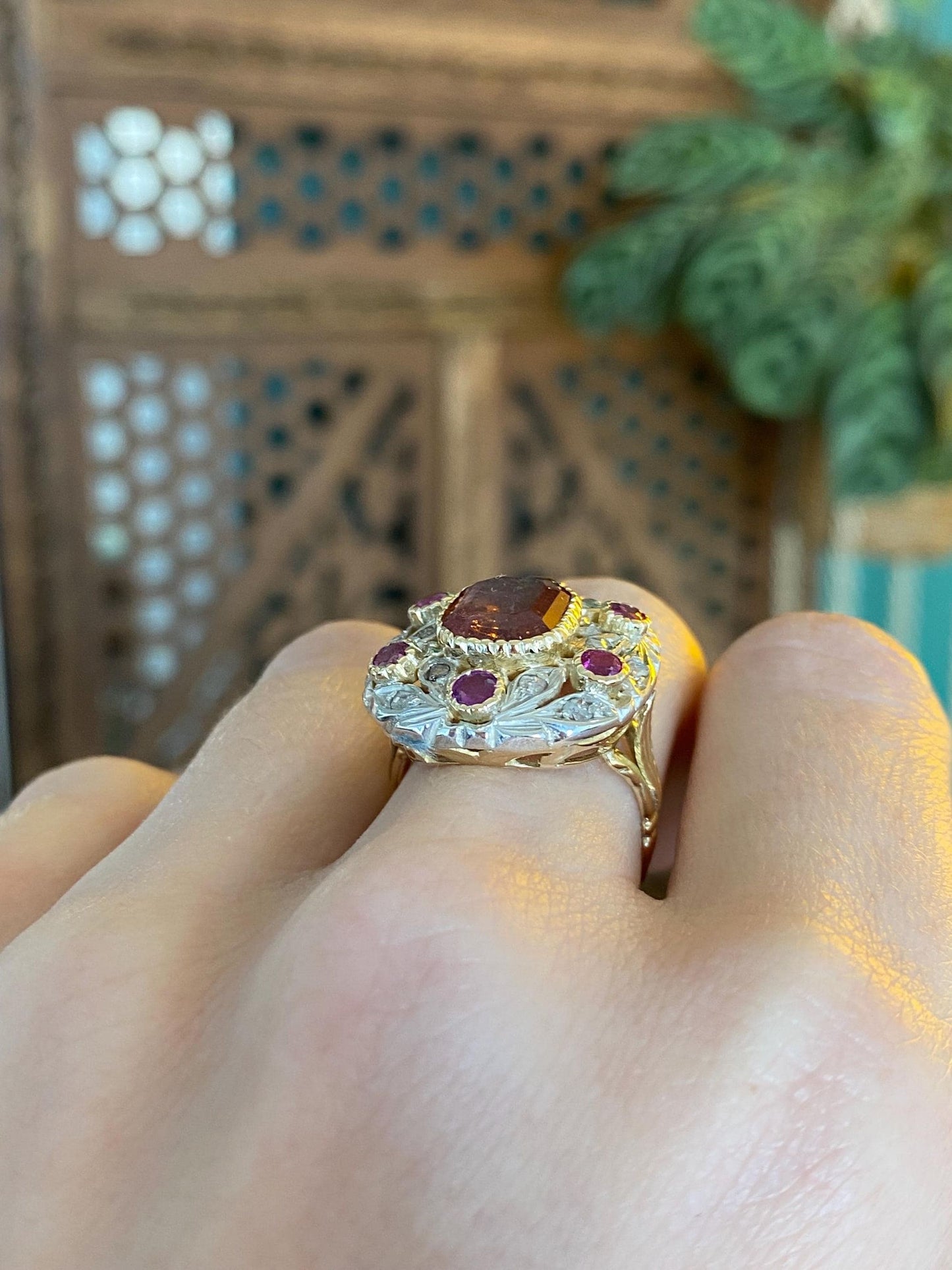 Vintage Solid 14k White & Yellow Gold Old Mine Diamonds Pink Tourmaline Ring - Size 6.75