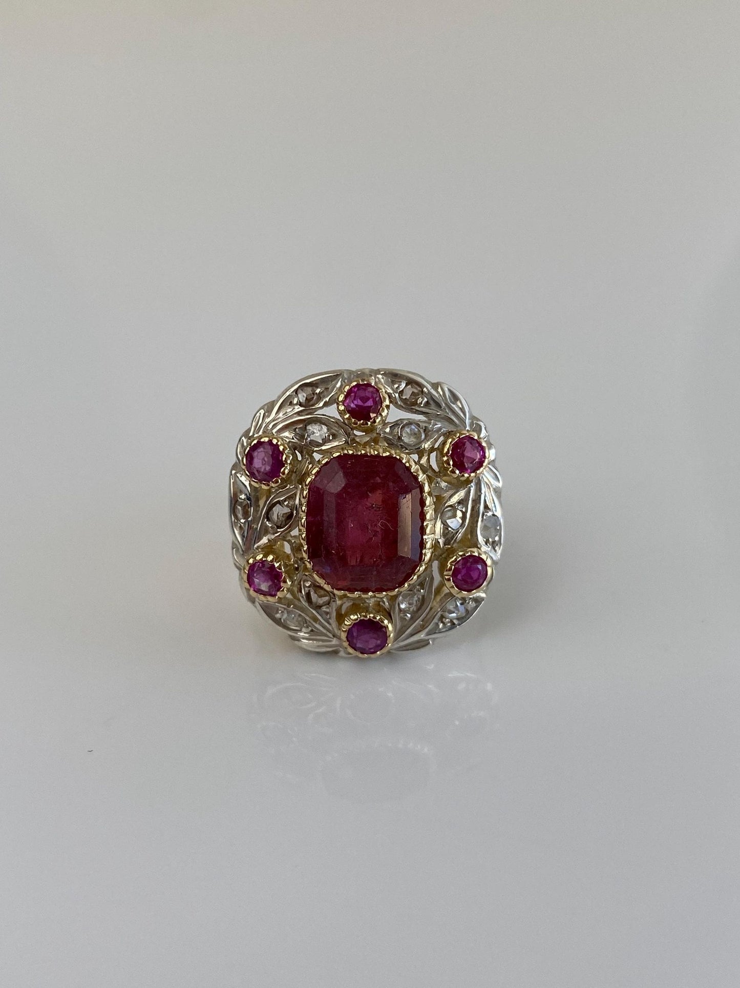 Vintage Solid 14k White & Yellow Gold Old Mine Diamonds Pink Tourmaline Ring - Size 6.75
