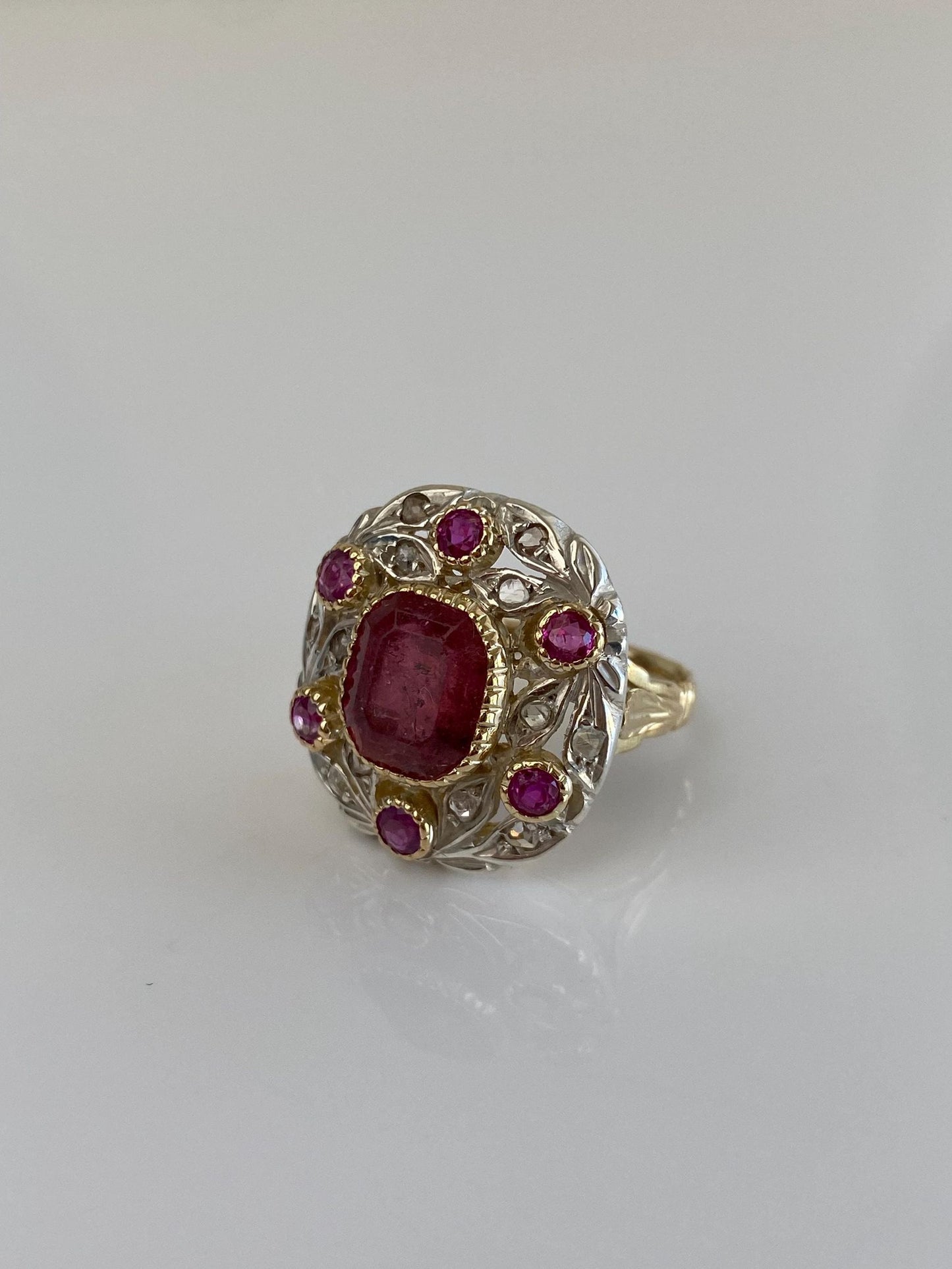 Vintage Solid 14k White & Yellow Gold Old Mine Diamonds Pink Tourmaline Ring - Size 6.75