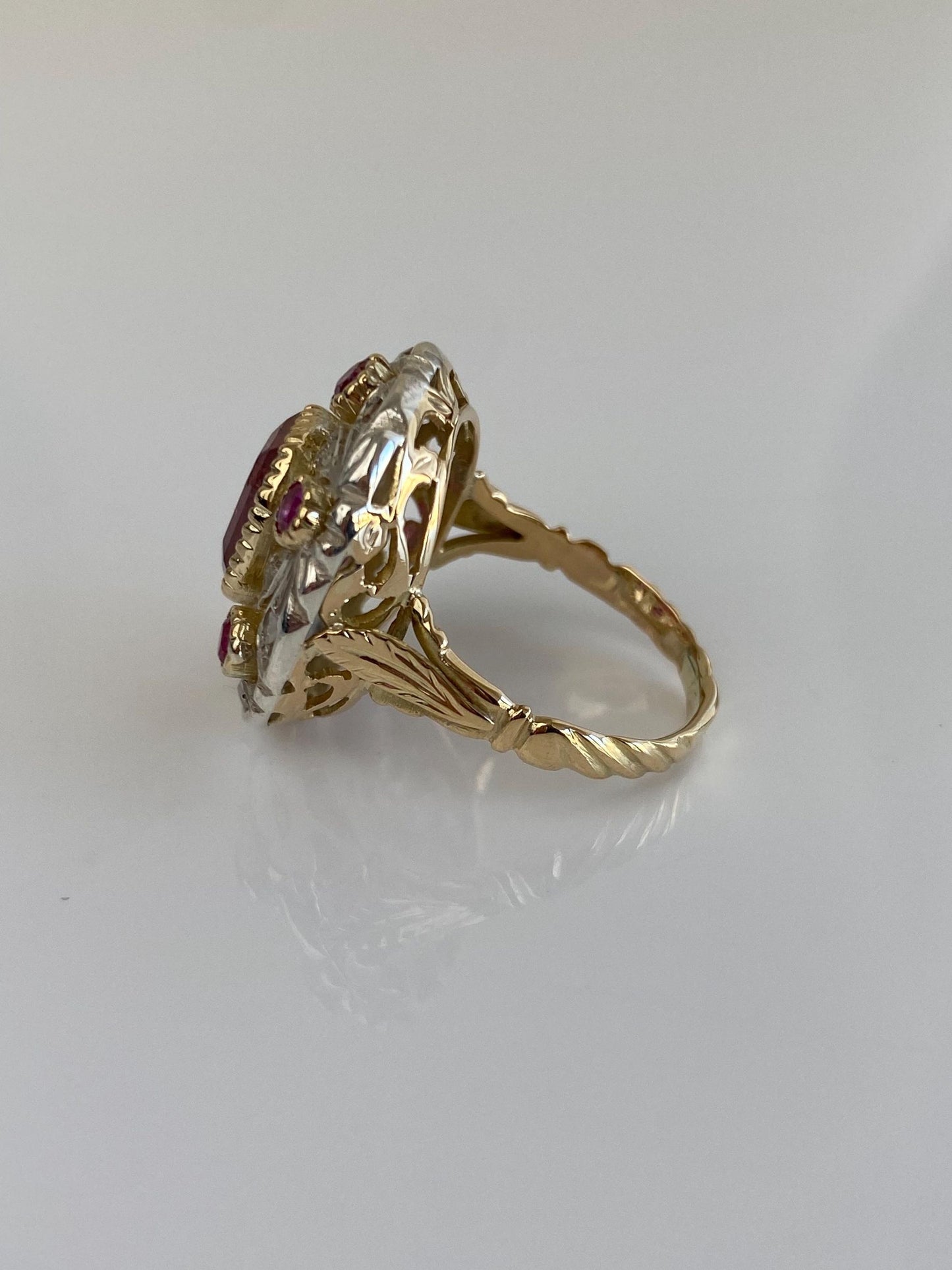Vintage Solid 14k White & Yellow Gold Old Mine Diamonds Pink Tourmaline Ring - Size 6.75