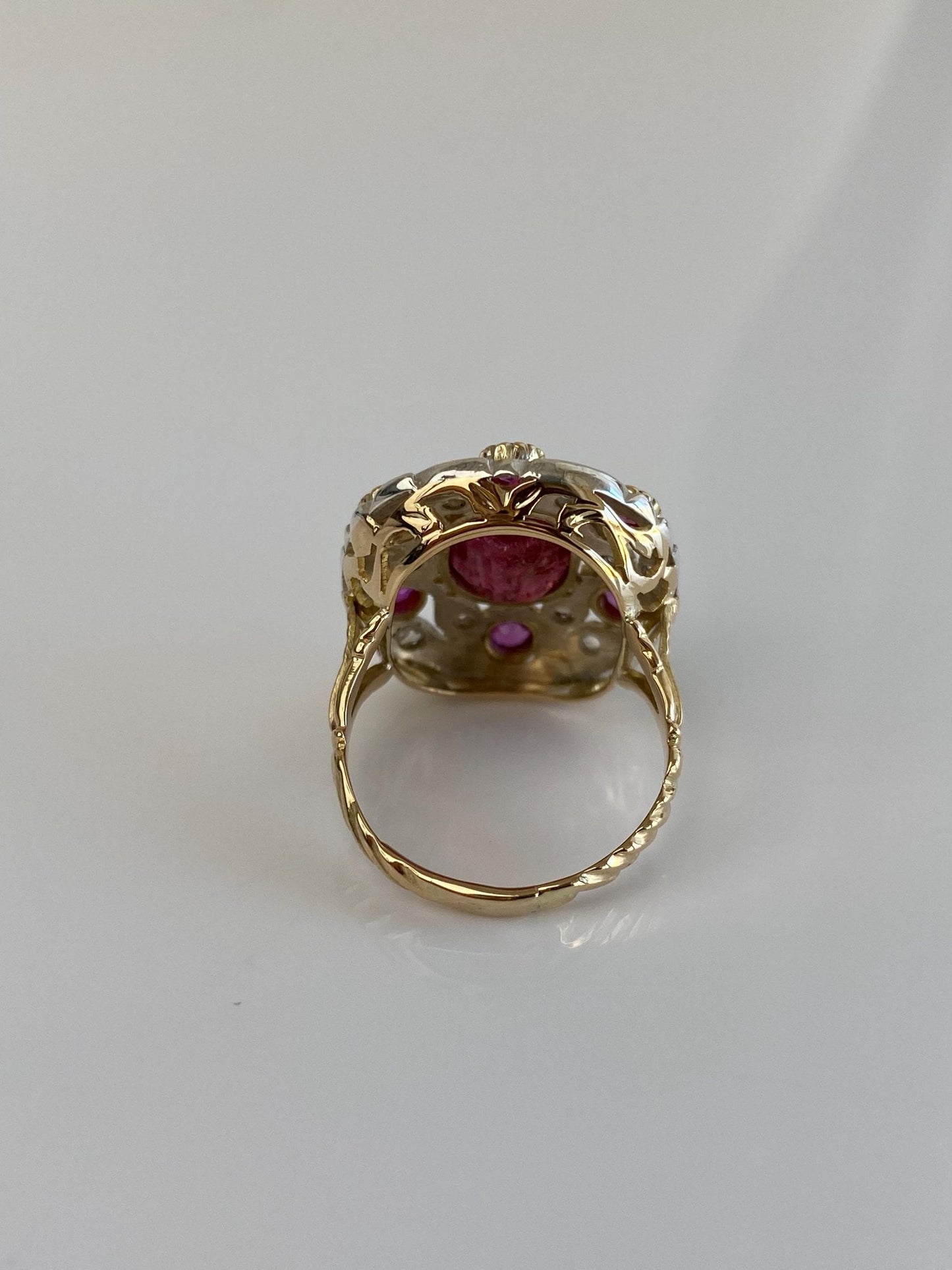 Vintage Solid 14k White & Yellow Gold Old Mine Diamonds Pink Tourmaline Ring - Size 6.75