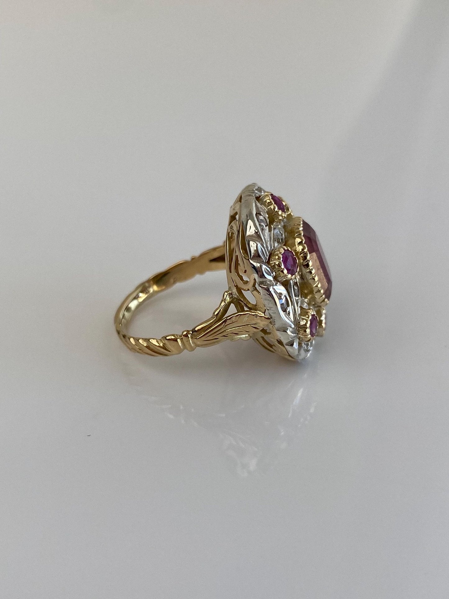 Vintage Solid 14k White & Yellow Gold Old Mine Diamonds Pink Tourmaline Ring - Size 6.75
