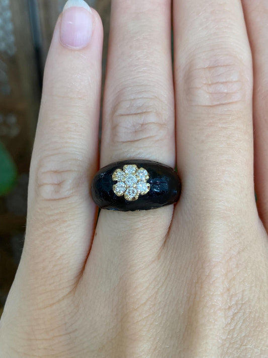 Vintage Solid 14k Yellow Gold Black Enamel Diamond Flower Ring Band - Size 5.25