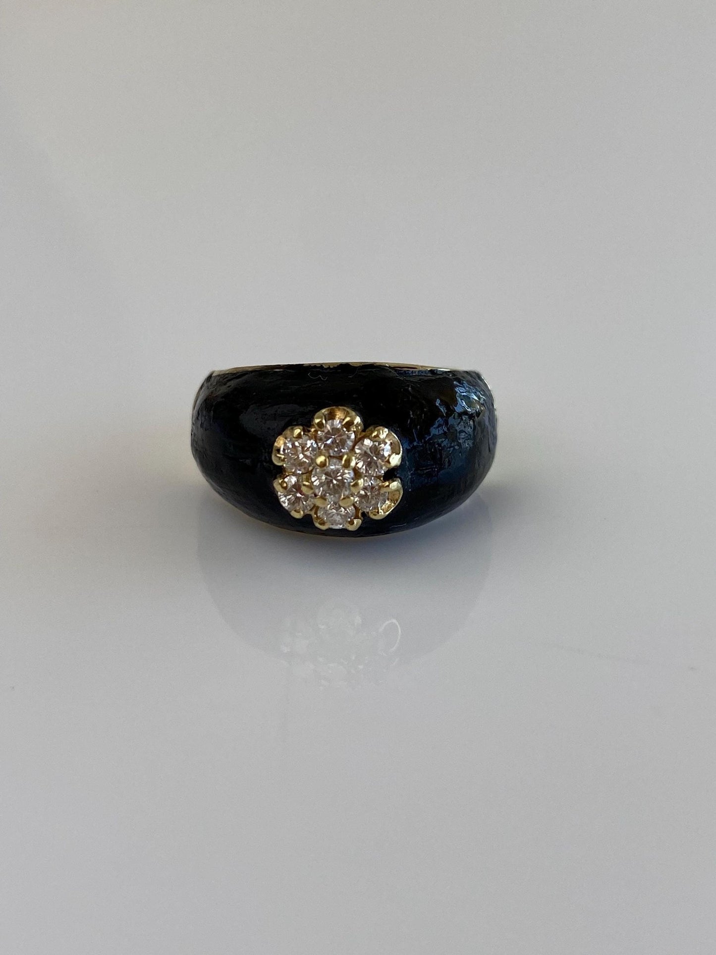 Vintage Solid 14k Yellow Gold Black Enamel Diamond Flower Ring Band - Size 5.25