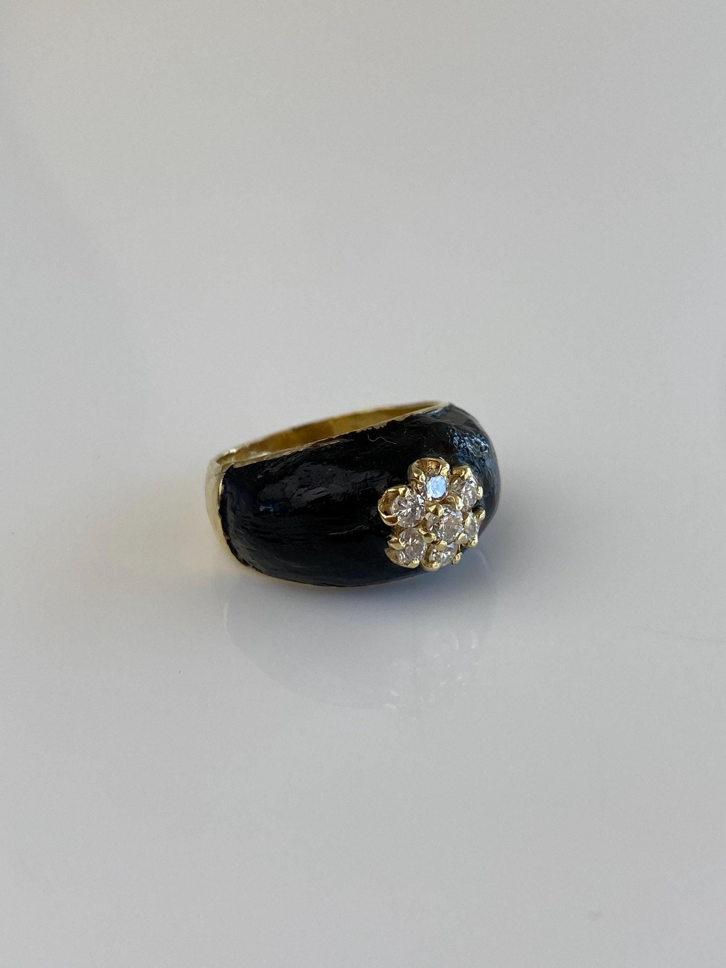 Vintage Solid 14k Yellow Gold Black Enamel Diamond Flower Ring Band - Size 5.25