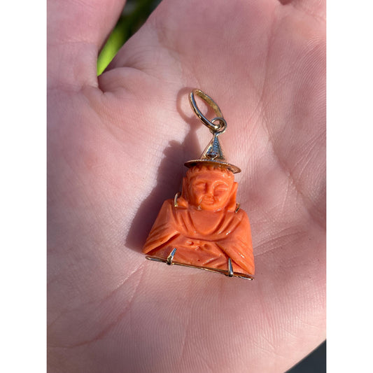 Vintage Solid 10k Yellow Gold Carved Coral Red Cubic Zirconia Buddah Charm