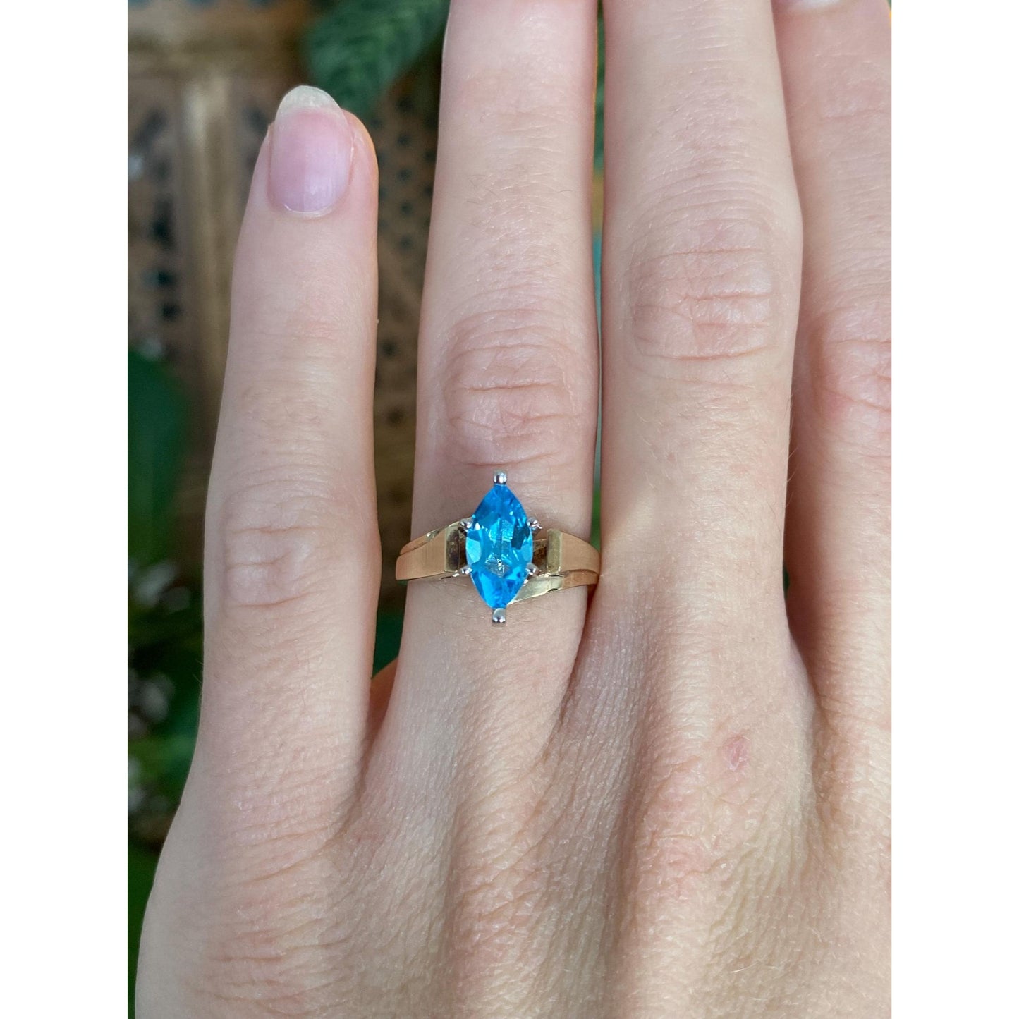 Vintage Solid 10k White & Yellow Gold Marquis Topaz Ring - Size 5