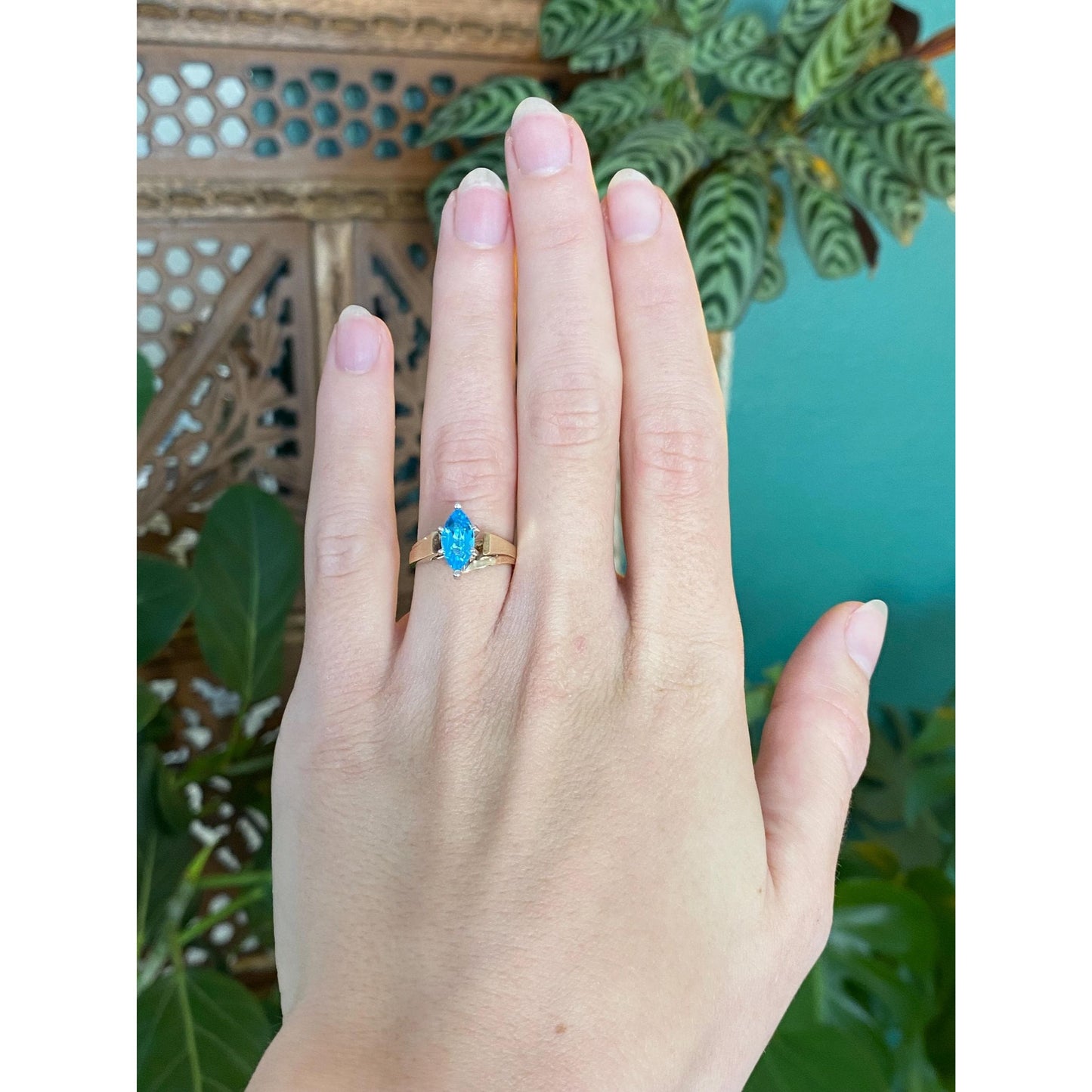 Vintage Solid 10k White & Yellow Gold Marquis Topaz Ring - Size 5